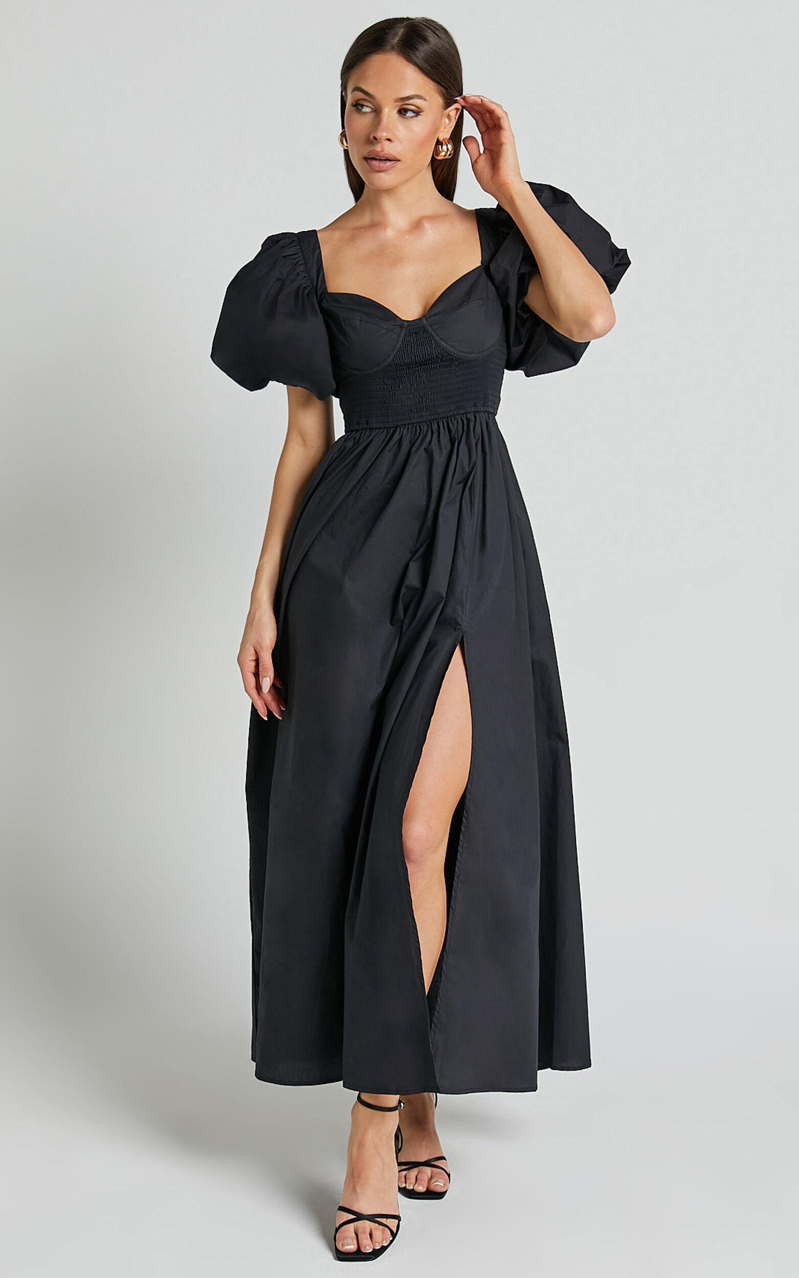 Raiza Midi Dress - Shirred Waist Puff Sleeve Dress in Black Product Image