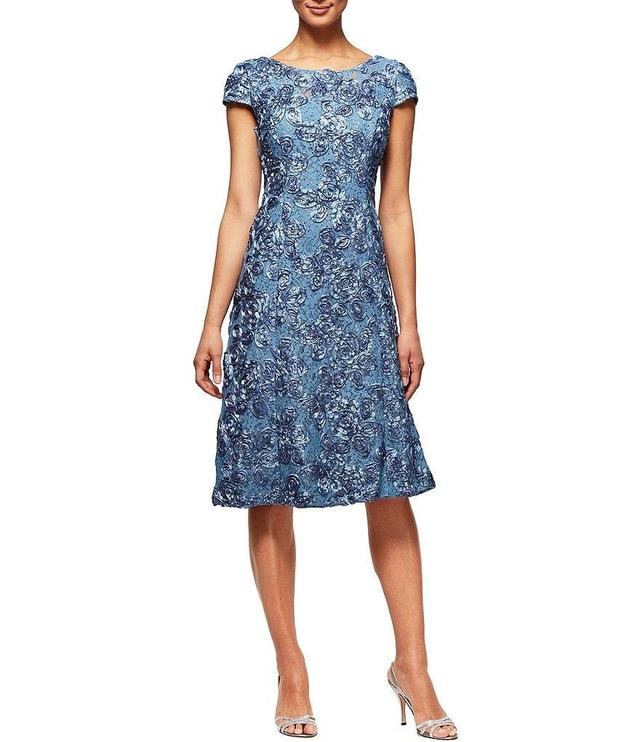 Alex Evenings Floral Rosette Illusion Round Neck Cap Sleeve A-Line Midi Dress Product Image