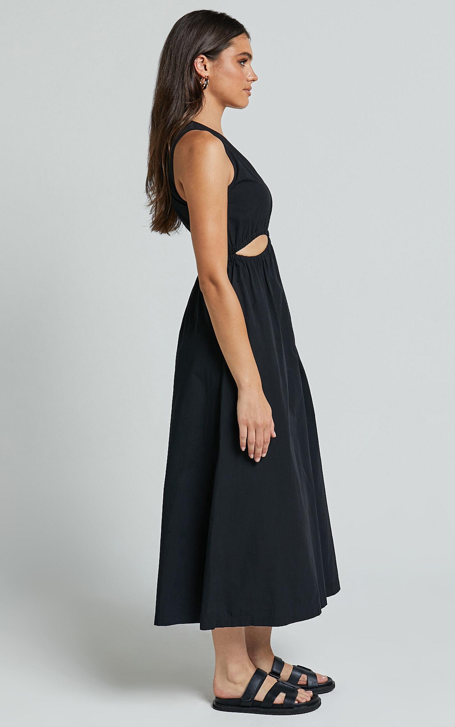 Celiana Midi Dress - Plunge Elastic Waist Cut Out Sleeveless A Line Dress in Black Product Image