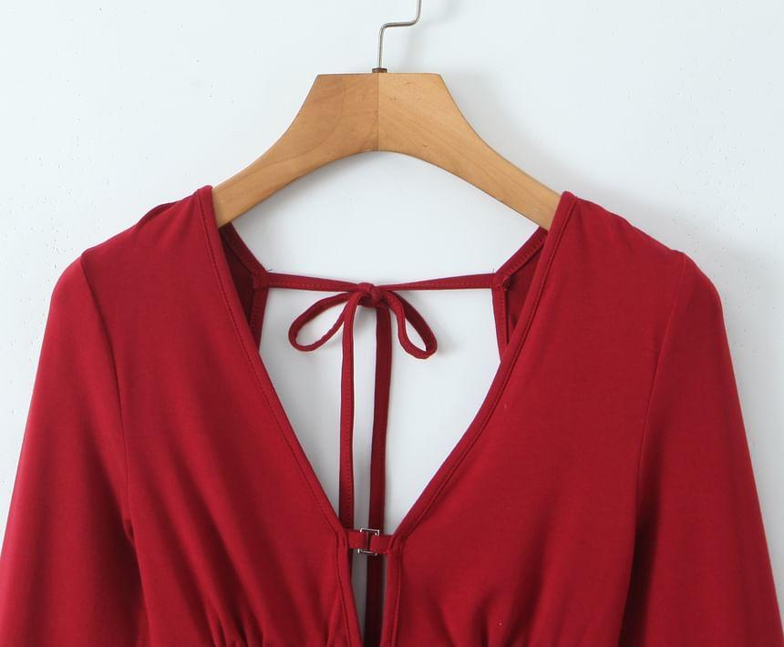 Long-Sleeve V-Neck Plain Crop Top Product Image