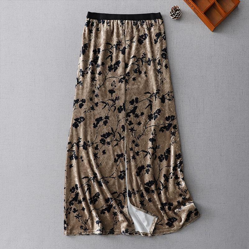 High Waist Floral Print Slit Maxi A-Line Skirt Product Image