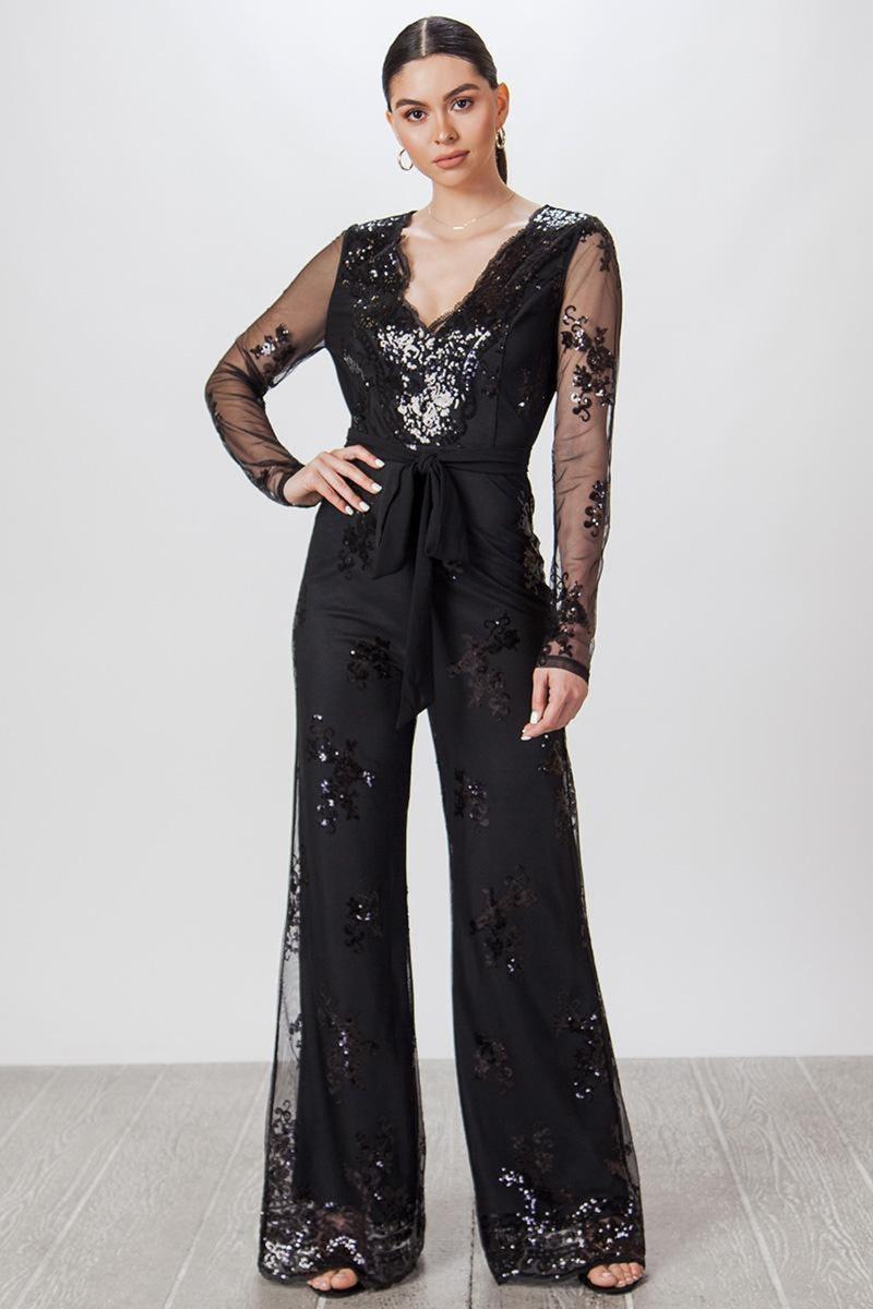 Black Sheer Sequin Jumpsuit Product Image