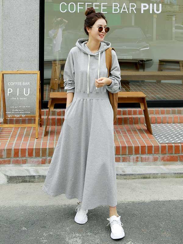 Loose Solid Color Casual A-Line Hoodie Dress Product Image