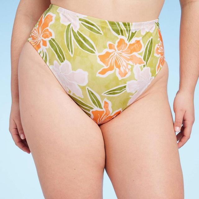 Womens Ribbed High Waist High Leg Medium Coverage Bikini Bottom - Shade & Shore Lime Floral Print Product Image