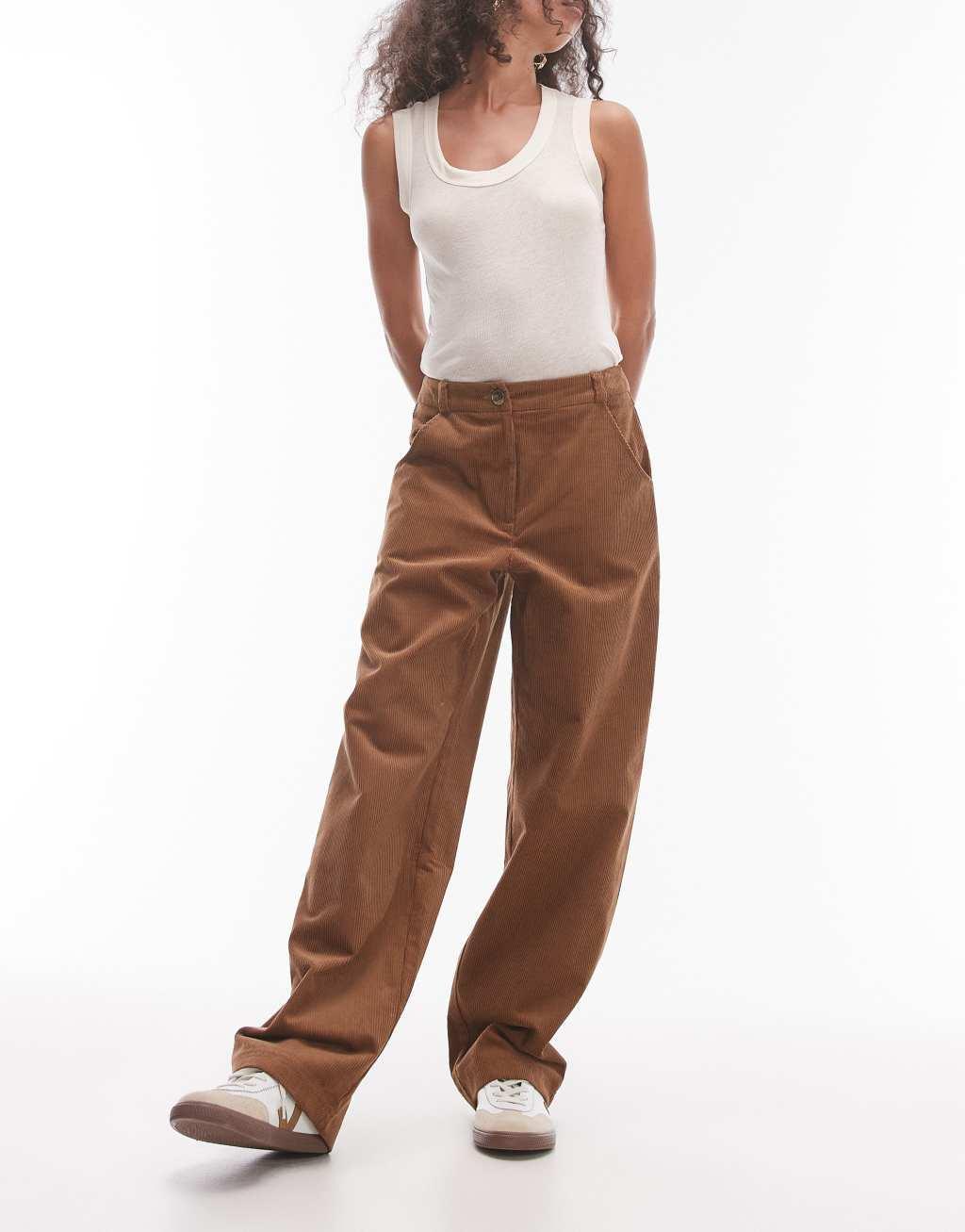 Topshop relaxed fit tailored corduroy pants in brown Product Image