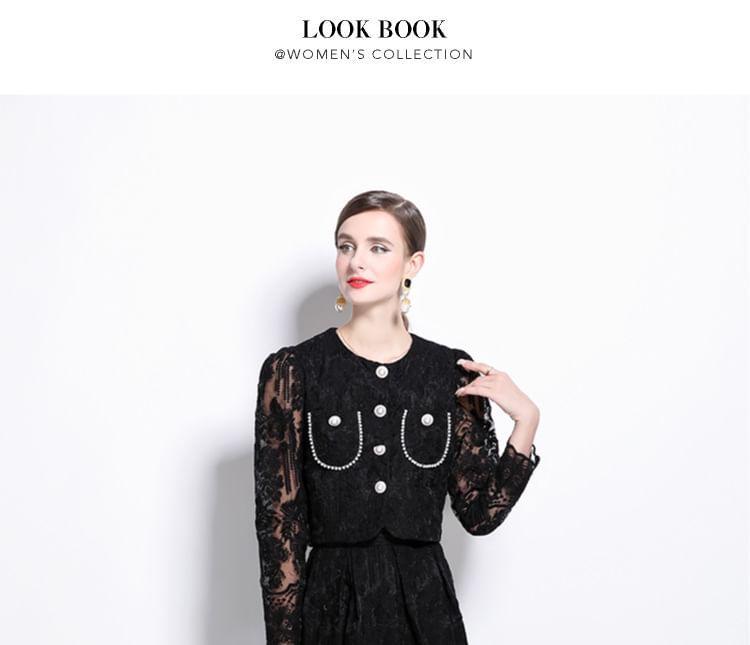 Set: Long Sleeve Crew Neck Plain Floral Embroidered Faux Pearl Button Mesh Top + High Rise Midi A-Line Skirt Product Image