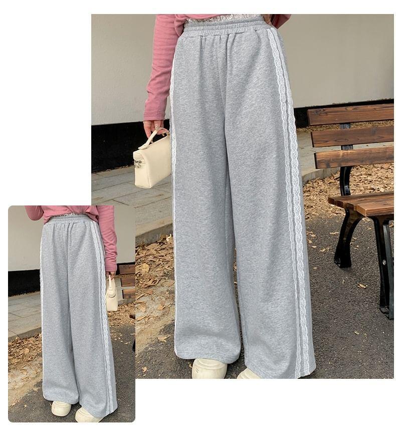 Plus Size High Waist Striped Lace Trim Wide Leg Pants Product Image