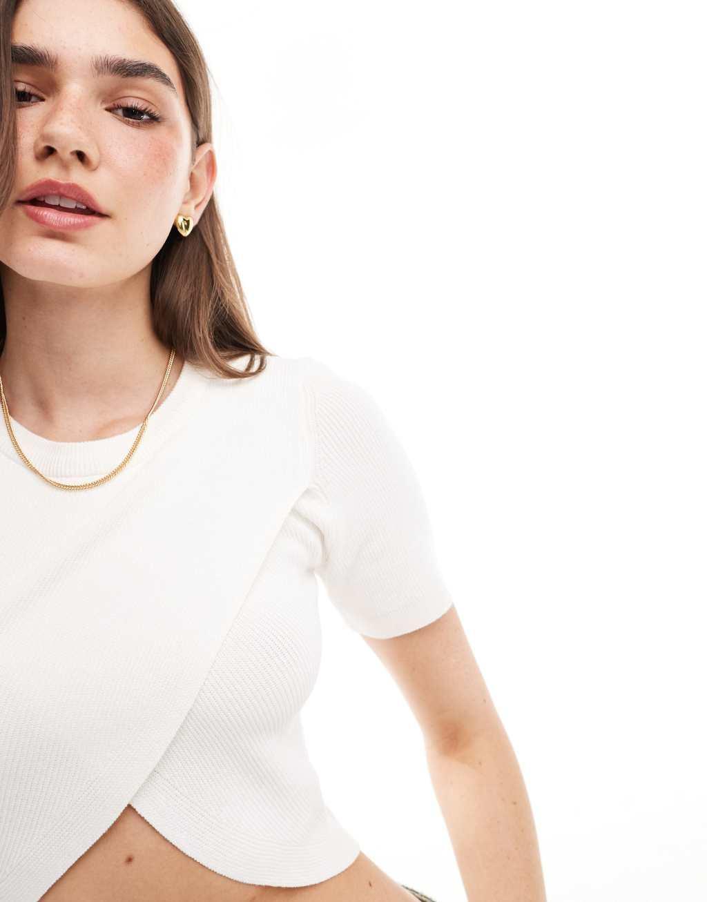 Only ribbed cross front crop top in cream  Product Image