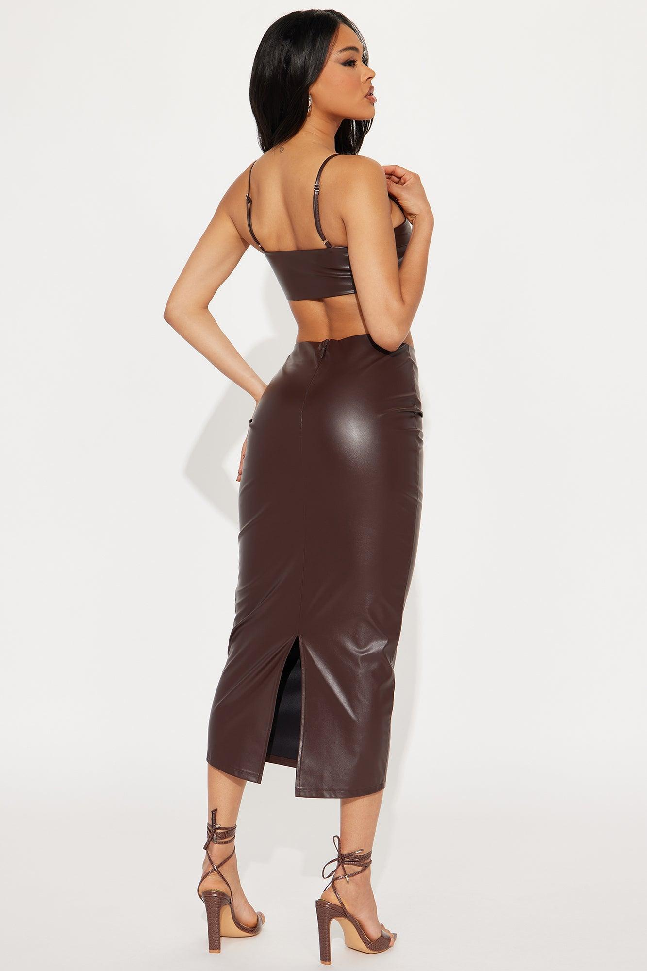 Sienna Faux Leather Skirt Set - Dark Brown Product Image