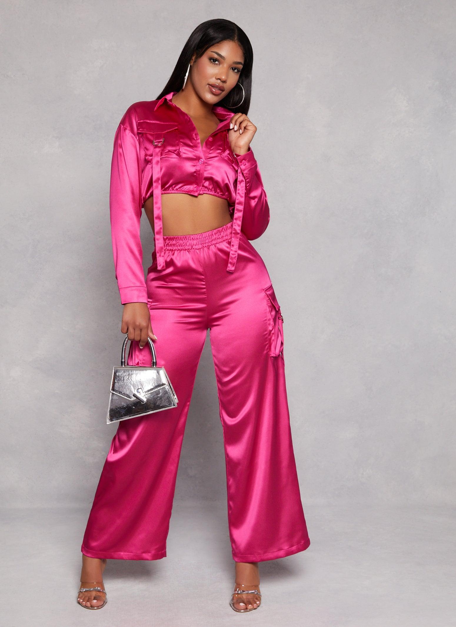 Womens Satin Wide Leg Cargo Pocket Pants Product Image