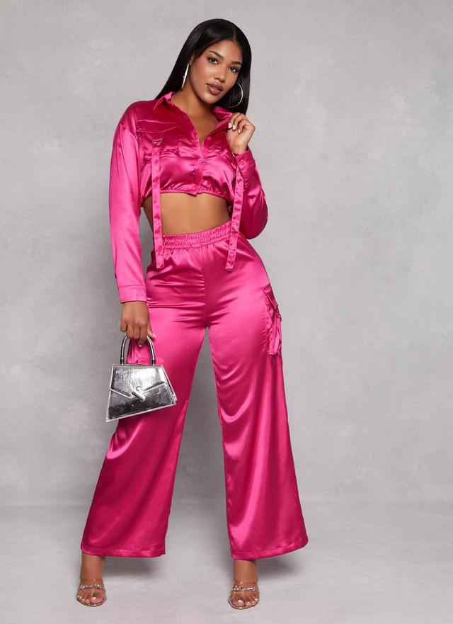 Womens Satin Wide Leg Cargo Pocket Pants Product Image