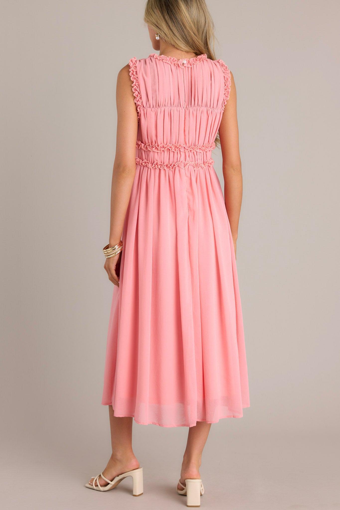 Graceful Gathering Pink Coral Sleeveless Midi Dress Product Image