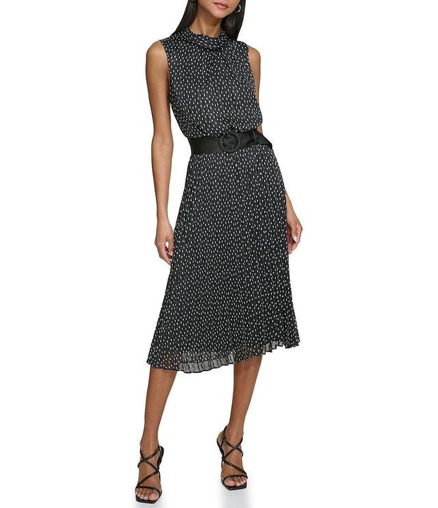 KARL LAGERFELD PARIS Printed Mock Neck Sleeveless Belted Pleated Midi Dress Product Image