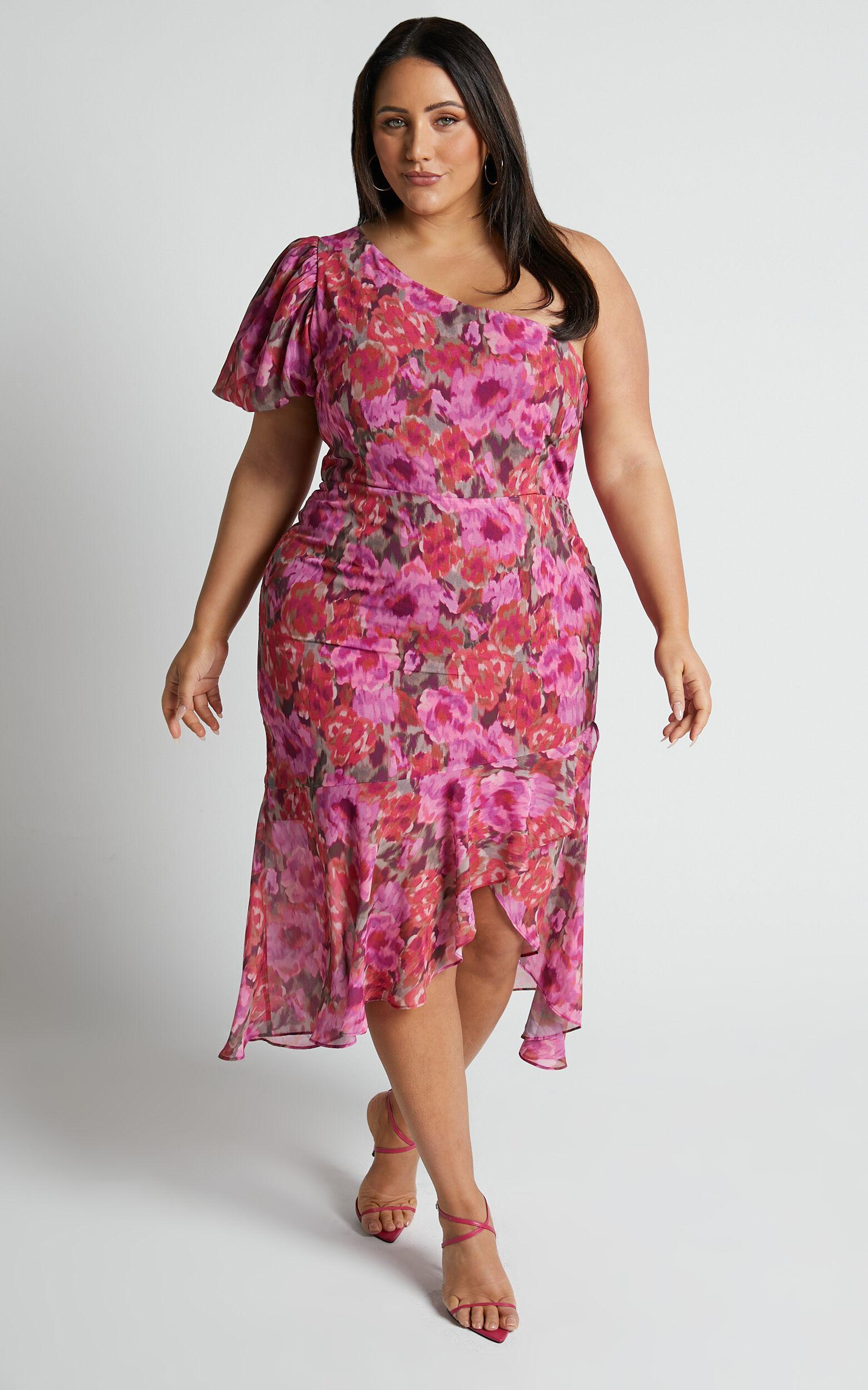 Clabelle Midi Dress - One Shoulder Ruffle Tulip Hem Dress in Violette Blur Floral Product Image