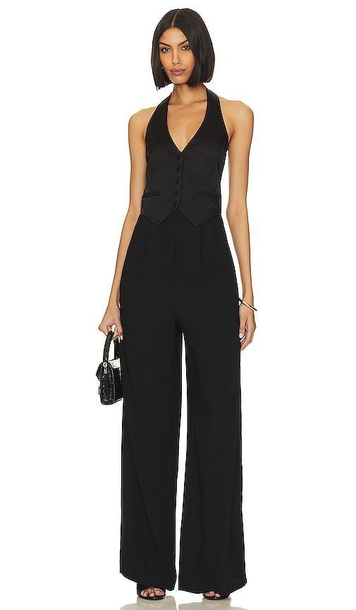 Amanda Uprichard Isadore Satin Trim Wide Leg Halter Jumpsuit Product Image