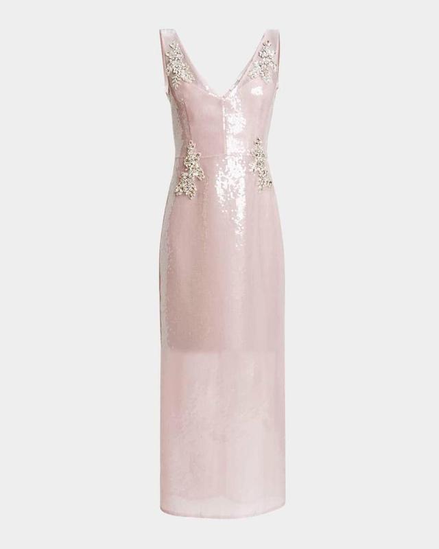 V-Neck Sequined Crystal Pencil Midi Cocktail Dress Product Image