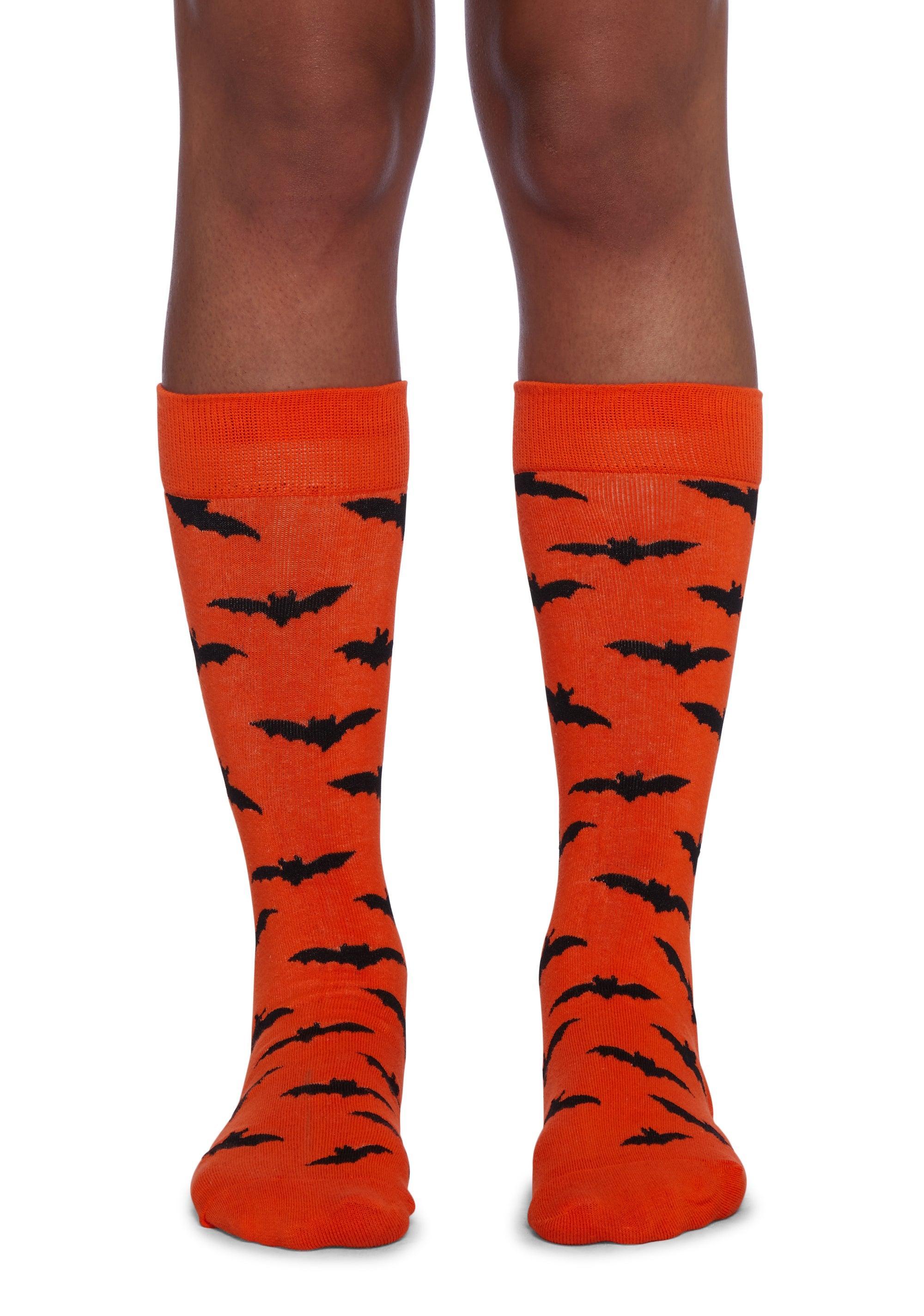 Halloween All-Over Bat Print Stretchy Knit Crew Socks - Orange Product Image