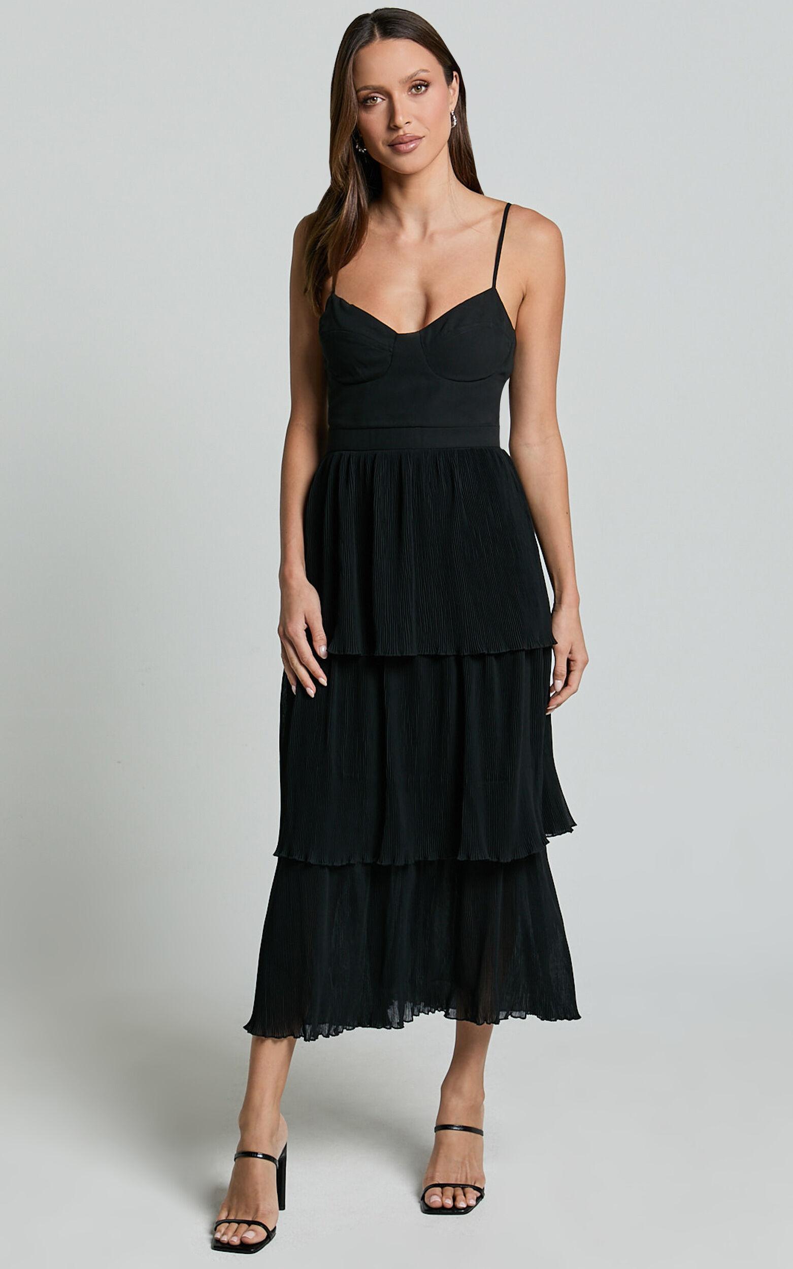 Nina Midi Dress - Bustier Frill Detail Dress in Black Product Image