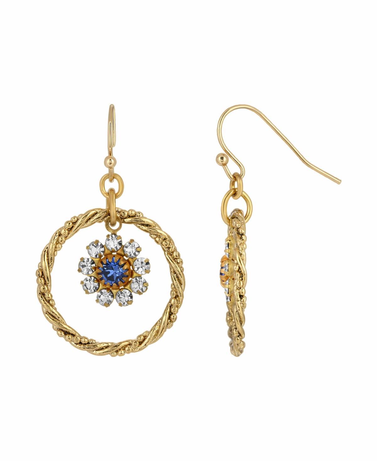 1928 Gold Tone Blue Simulated Crystal Flower Drop Hoop Earrings, Womens Product Image