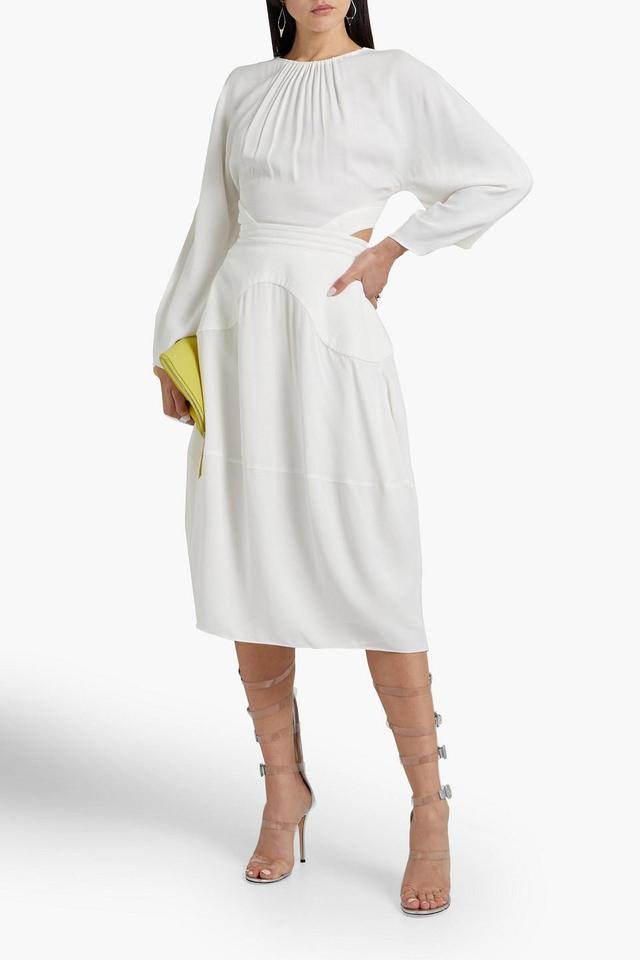 Gathered Cutout Crepe Midi Dress In White Product Image