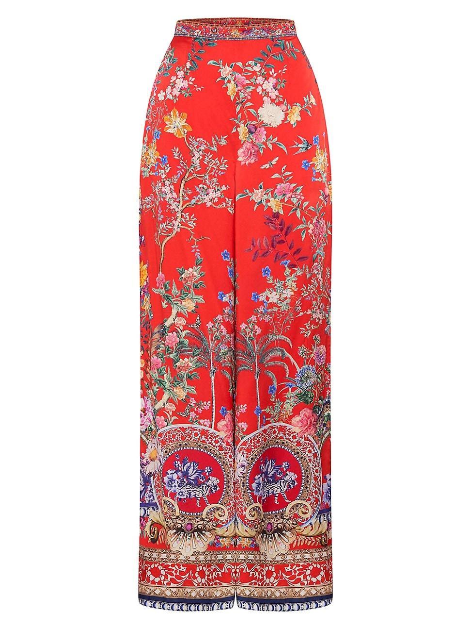 Minimal Floral Silk Wide-Leg Pants Product Image