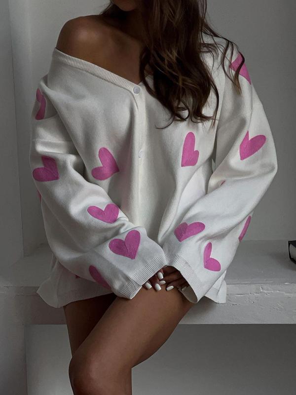 Long Sleeves Loose Heart Print Split-Joint V-Neck Cardigan Tops Product Image