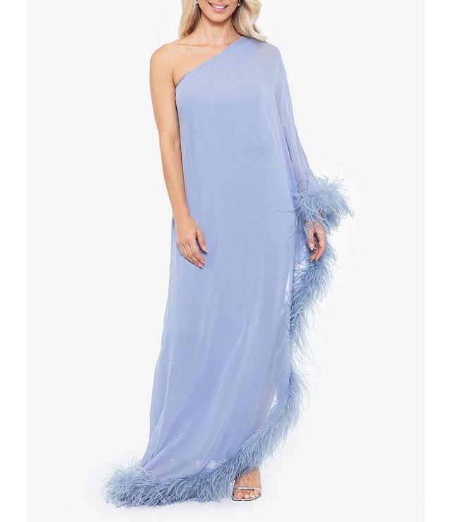 Betsy & Adam One Shoulder One Long Cape Sleeve Gown with Feather Trim Product Image