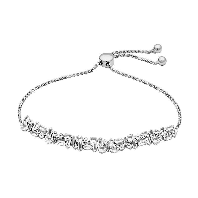 Rhodium Plated Sterling Silver Lab-Created White Sapphire Adjustable Bracelet, Womens Product Image