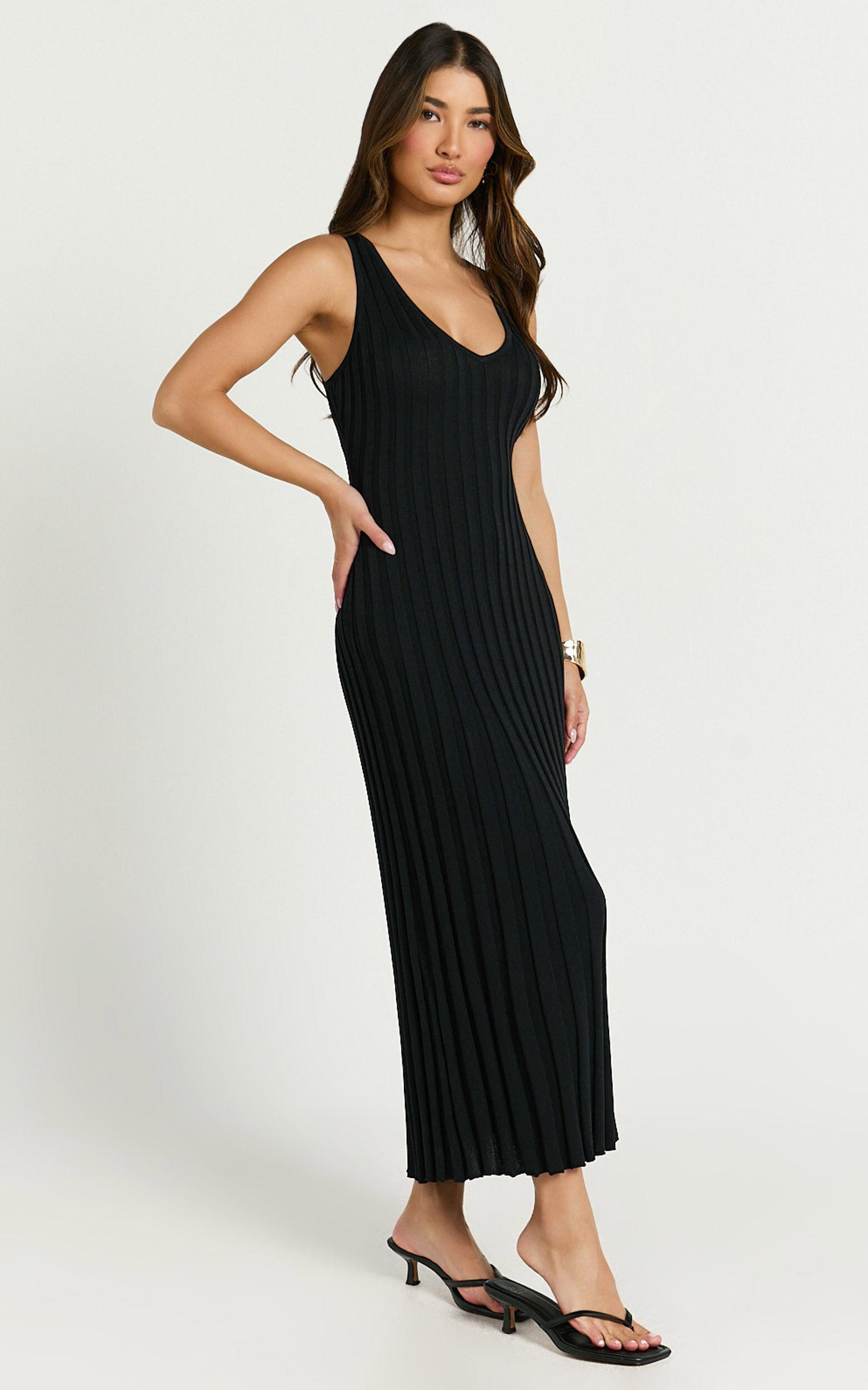 Maya Midi Knit Dress - Sleeveless V Neck Knited Dress in Black Product Image