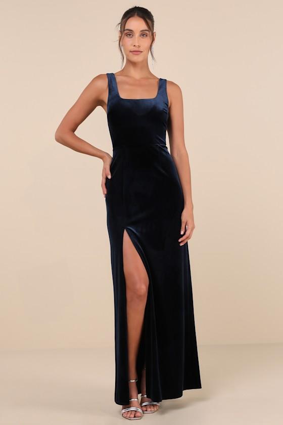 Elegant Sweetie Dark Navy Velvet Square Neck Maxi Dress Product Image