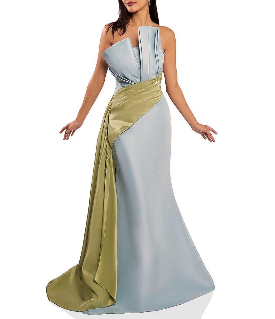 Terani Couture Taffeta Strapless Asymmetrical Bodice Two-Tone Drape Mermaid Dress Product Image