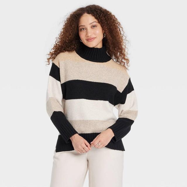 Womens Cozy Knit Mock Turtleneck Pullover Sweater - A New Day Black/Camel Striped Product Image