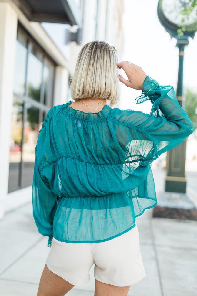 Breathe Deeper Jade Sheer Ruched Blouse Product Image