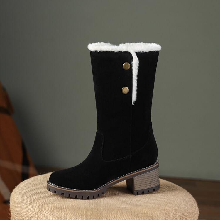 Button Faux Suede Mid Calf Boots Product Image