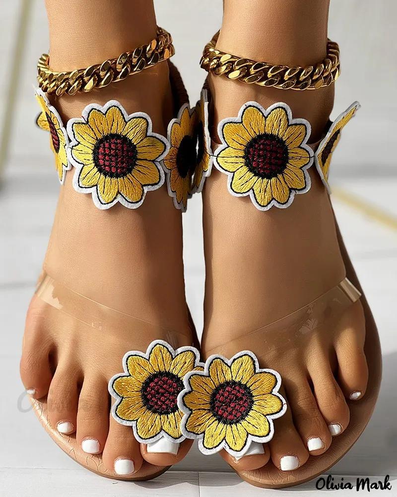 Olivia Mark – Stylish Sunflower Print Toe Post Sandals with Floral Pattern Product Image