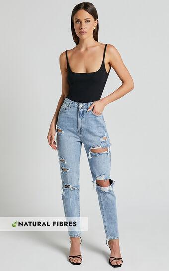 Billie Jeans - High Waisted Cotton Distressed Mom Denim Jeans in Mid Blue Wash product image