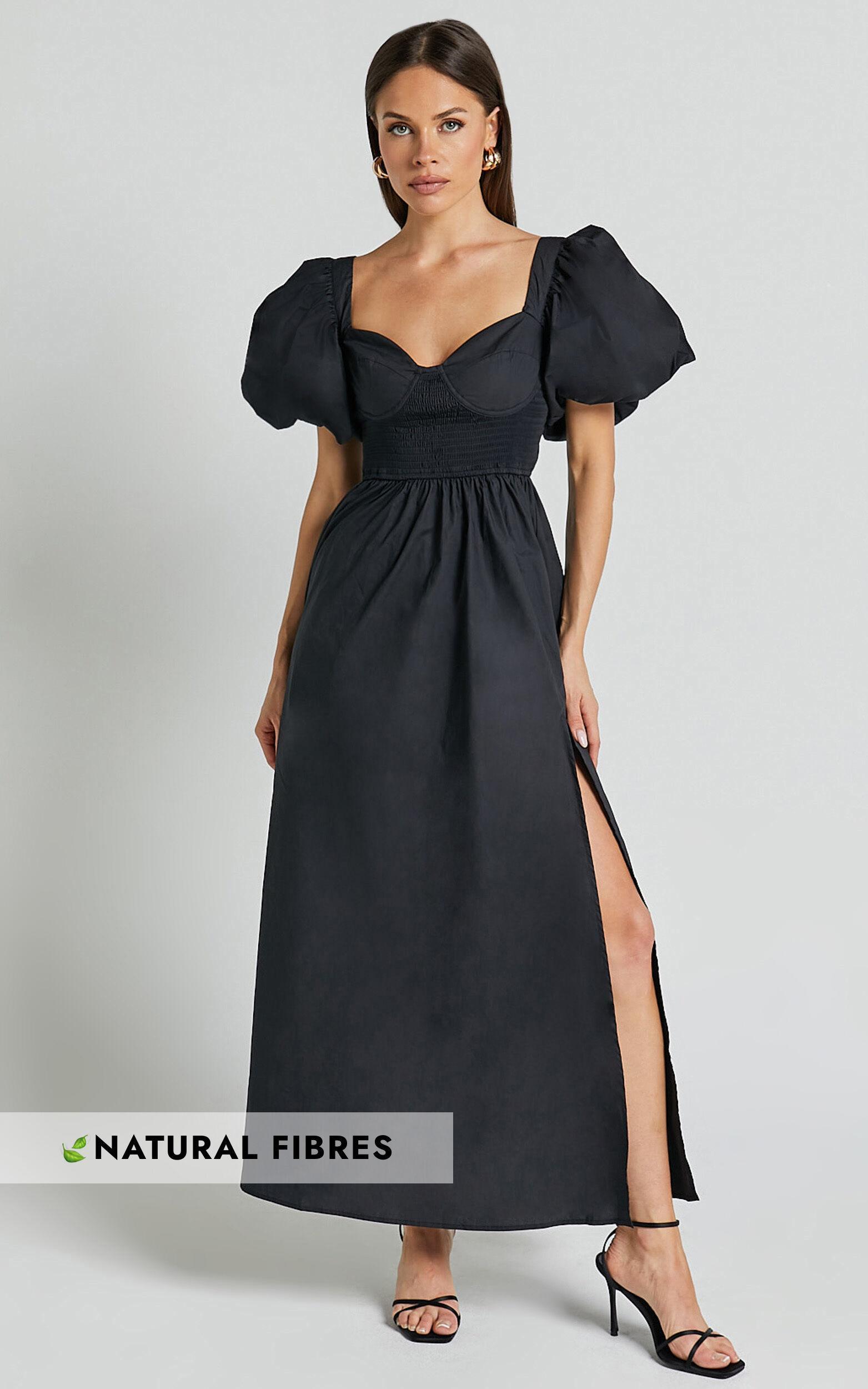 Raiza Midi Dress - Shirred Waist Puff Sleeve Dress in Black Product Image