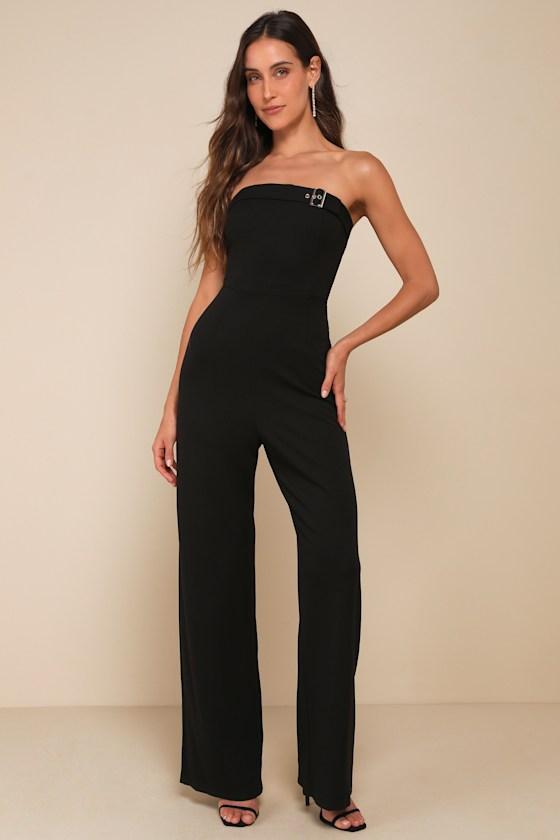 Deeply Sophisticated Black Strapless Wide-Leg Jumpsuit Product Image