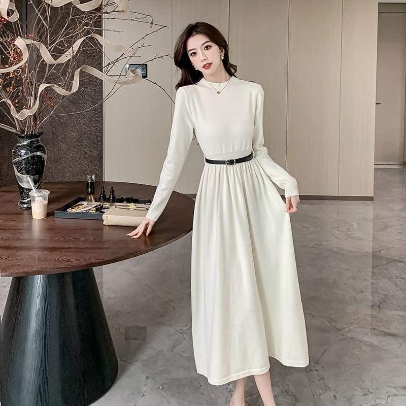 Long-Sleeve Mock Neck Plain Cutout Back Midi A-Line Knit Dress Product Image