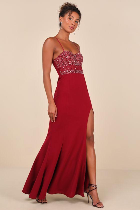 Luxe Allure Wine Red Beaded Rhinestone Bustier Maxi Dress Product Image