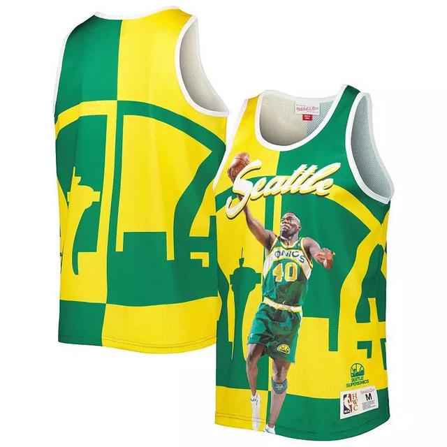 Mens Mitchell & Ness Shawn Kemp Green/Gold Seattle SuperSonics Sublimated Player Tank Top Product Image