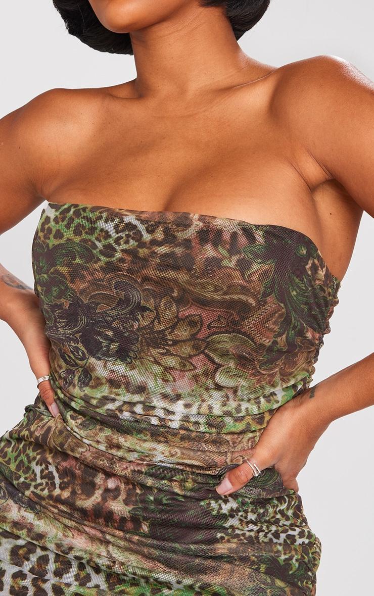 Shape Green Leopard Print Mesh Corset Detail Ruched Bodycon Dress Product Image