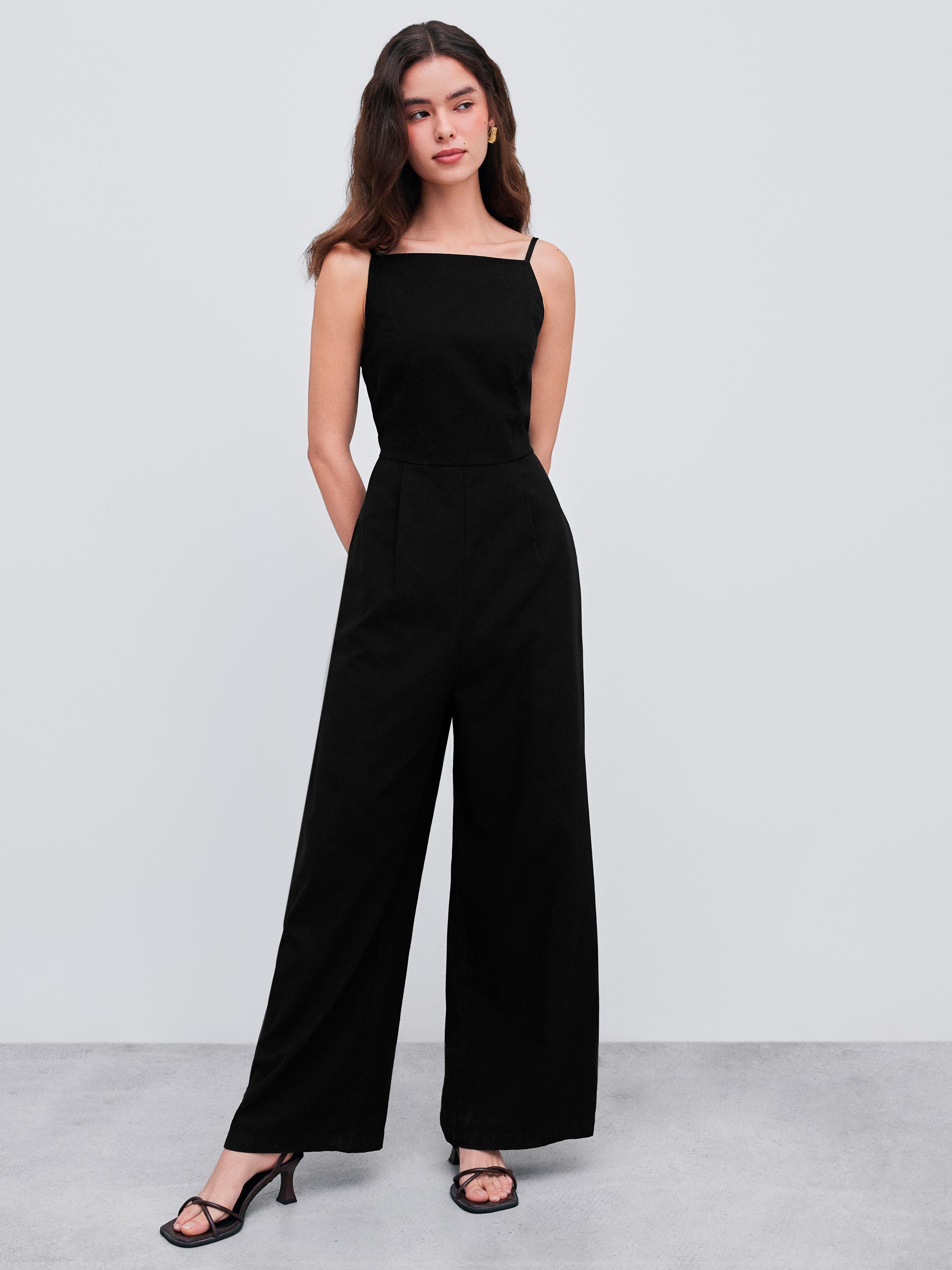 Cotton-blend Square Neck Solid Shirred Jumpsuit Product Image