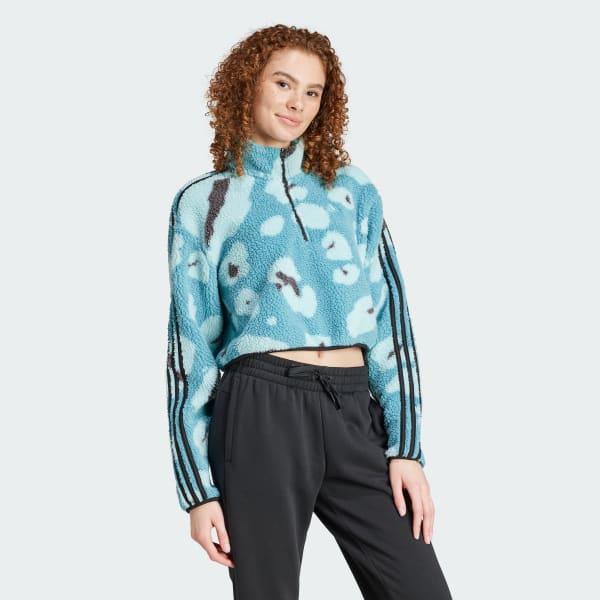 Essentials 3-Stripes Animal Print High Pile Cropped 1/4 Zip Top Product Image