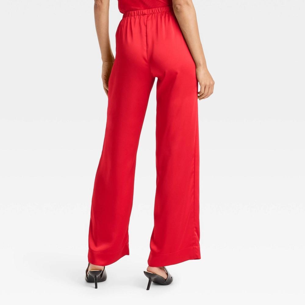 Women's Mid-Rise Straight Leg Satin Pull-On Pants - A New Day™ Red XL Long Product Image