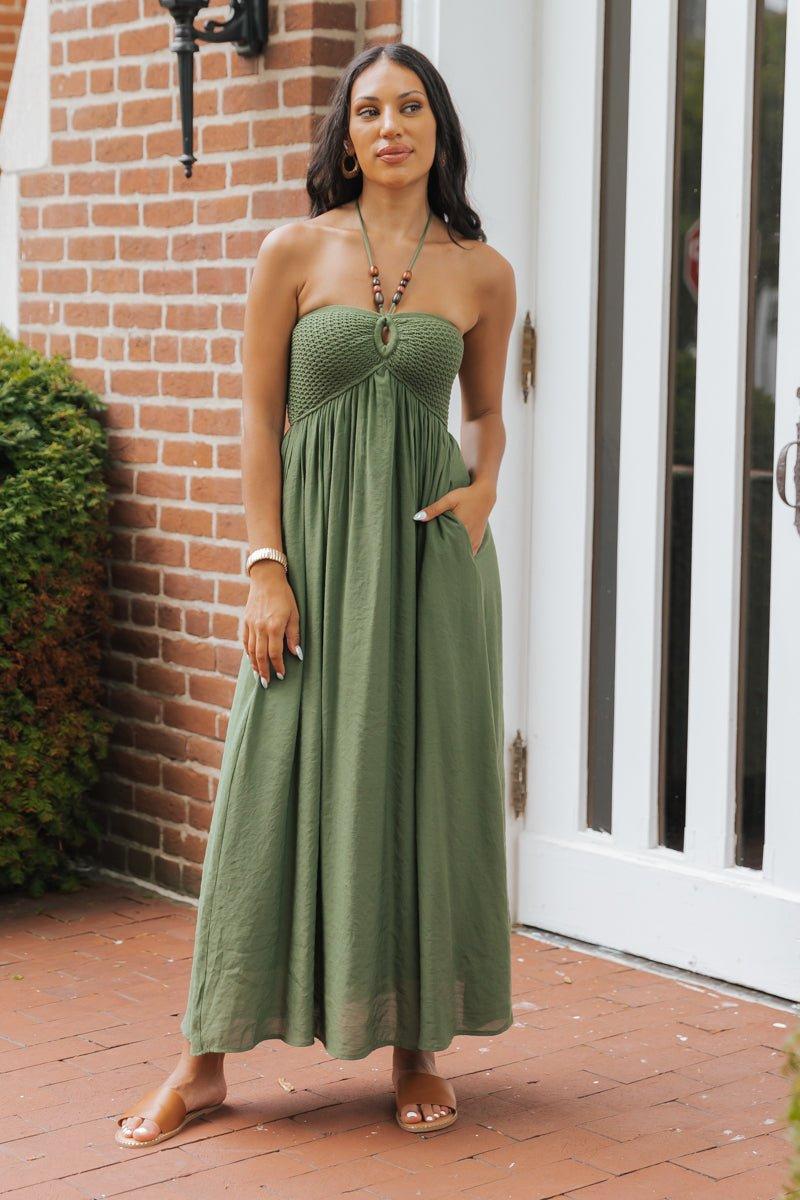 Olive Halter Beaded Ruched Maxi Dress - FINAL SALE Product Image