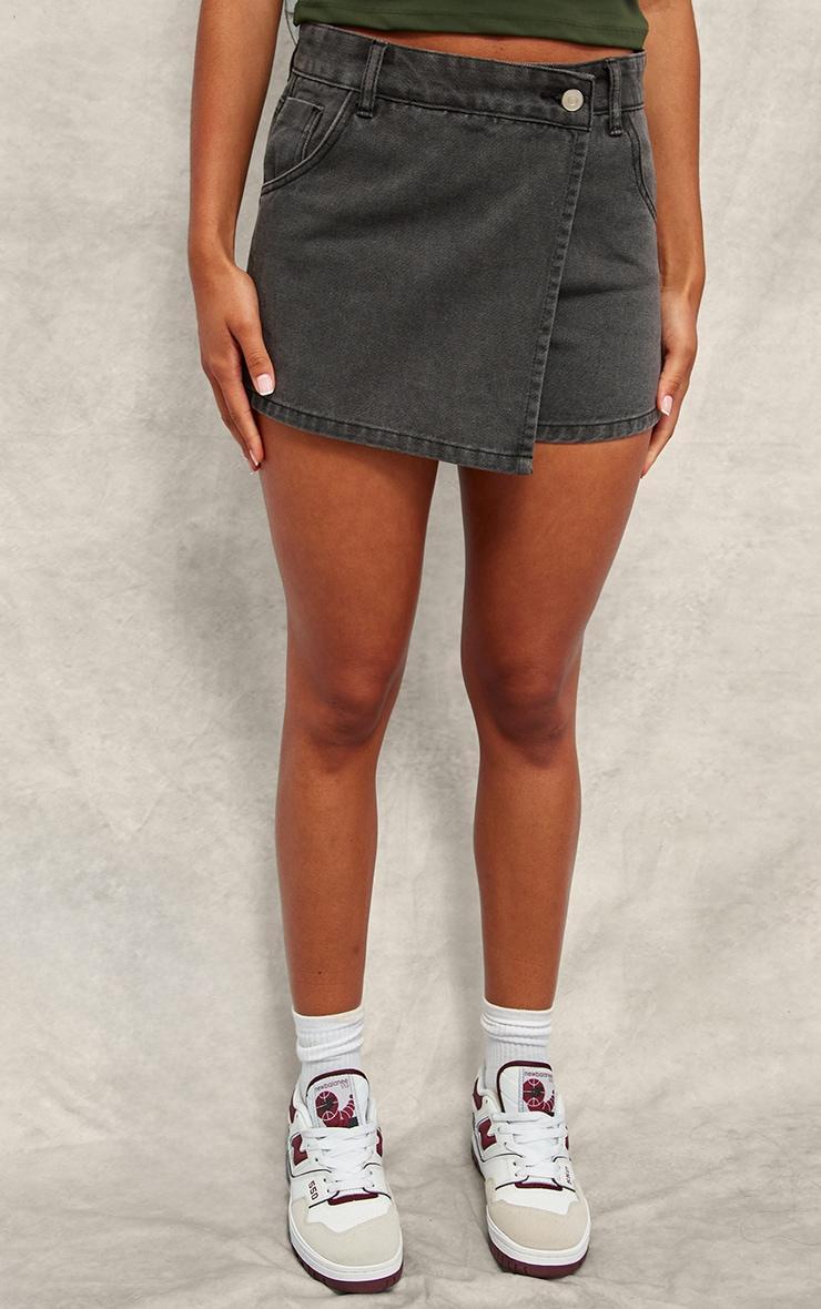 Washed Black Wrap Front Denim Mini Skort Product Image