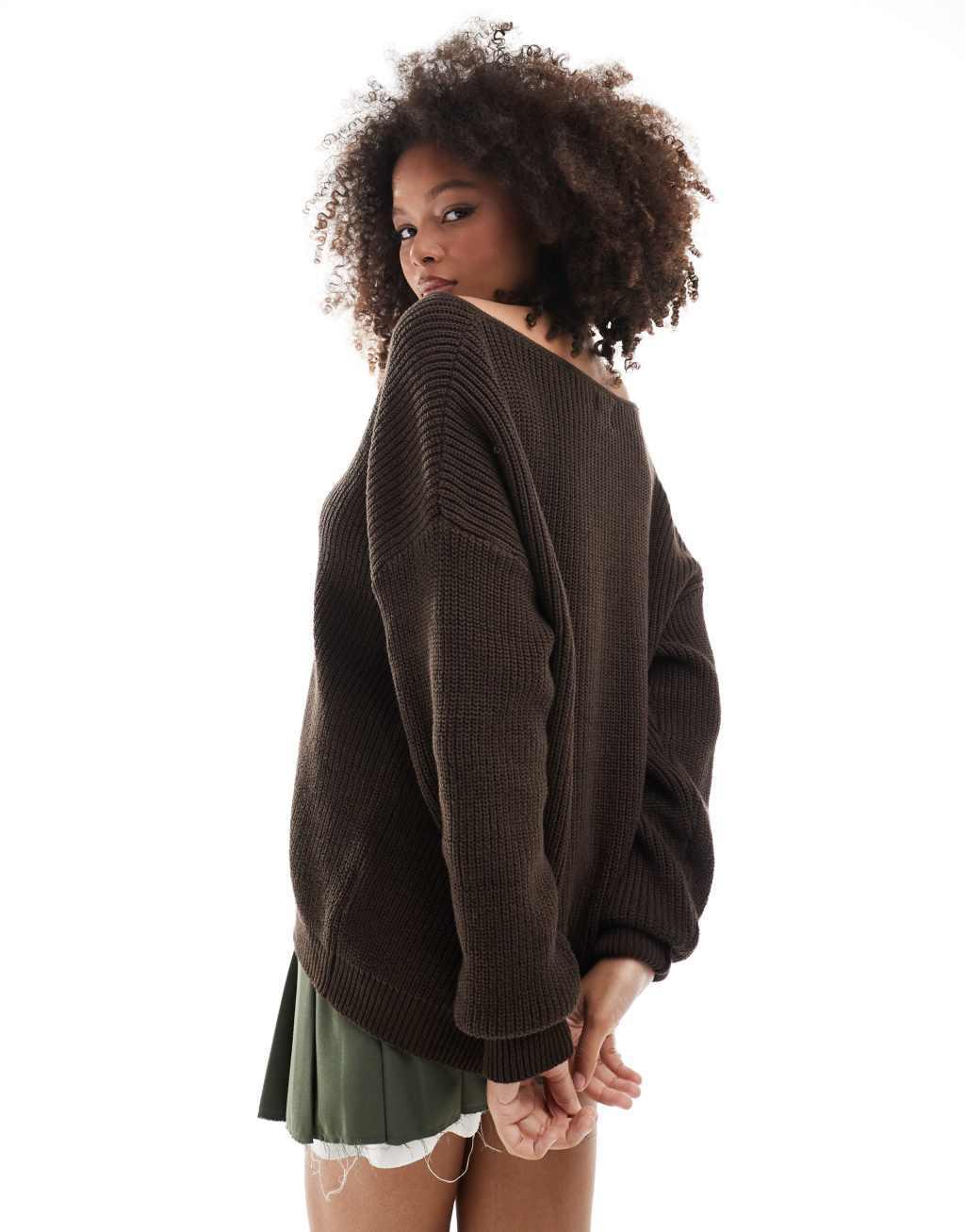 SNDYS cotton sweetheart plunge neck sweater in brown Product Image