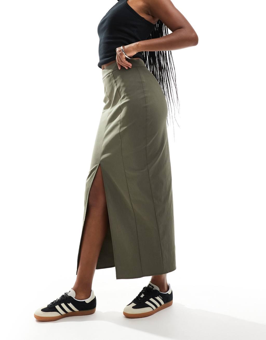 ASOS DESIGN midi skirt with front split in khaki Product Image