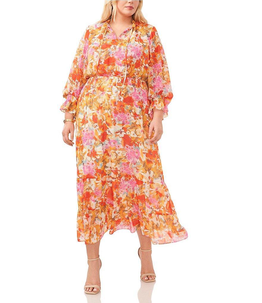 Vince Camuto Plus Size Chiffon Sheer Floral Split V-Neck Long Blouson Sleeve A-Line Tiered Maxi Dress Product Image